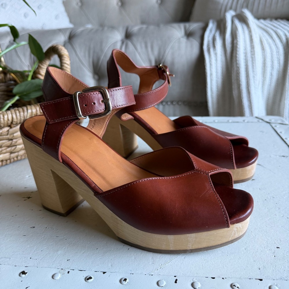 SEZANE Fausta Clogs Platform Sandals Brown Leather Wood Block Heel Women's 40 9